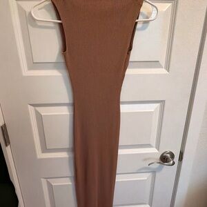 Sleeveless Mock Nevk Brown Ribbed Dress Ankle dress